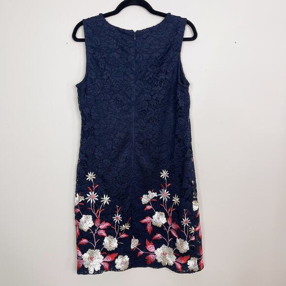 Roz & Ali Size 10 Navy Blue mbroidered Lace Floral Sheath Sleeveless Dress - Picture 2 of 10
